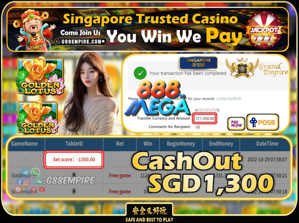 MEGA888 ~ GOLDENLOTUS CASHOUT SGD1300 !!!