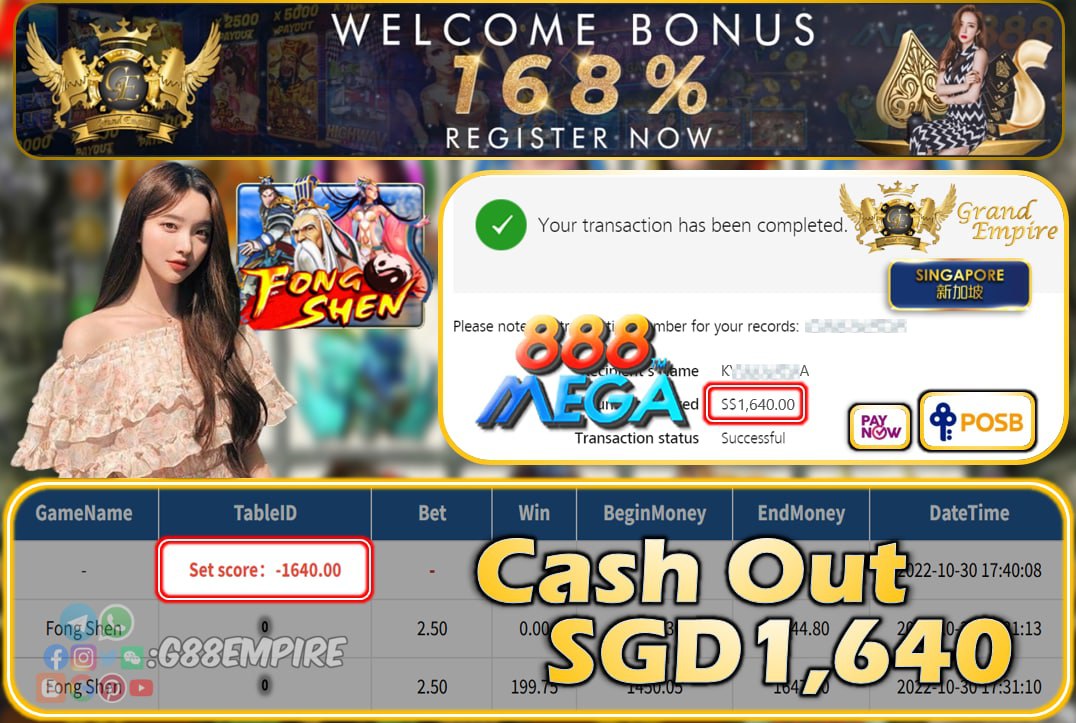 MEGA888 ~ FONGSHEN CASHOUT SGD1640!!!