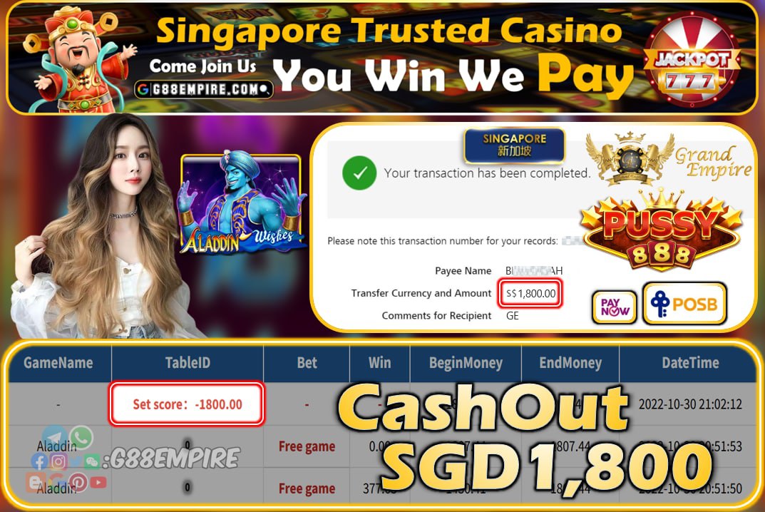 PUSSY888 ~ ALADDIN CASHOUT SGD1800!!!