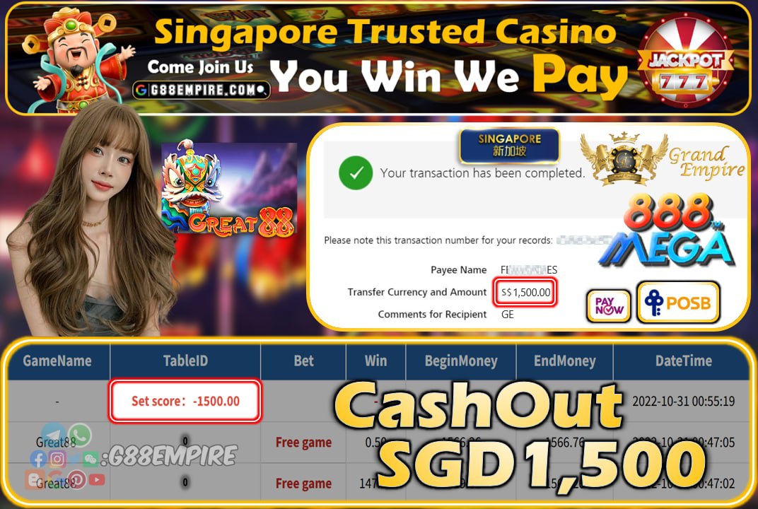 MEGA888 ~ GREAT88 CASHOUT SGD1500!!!