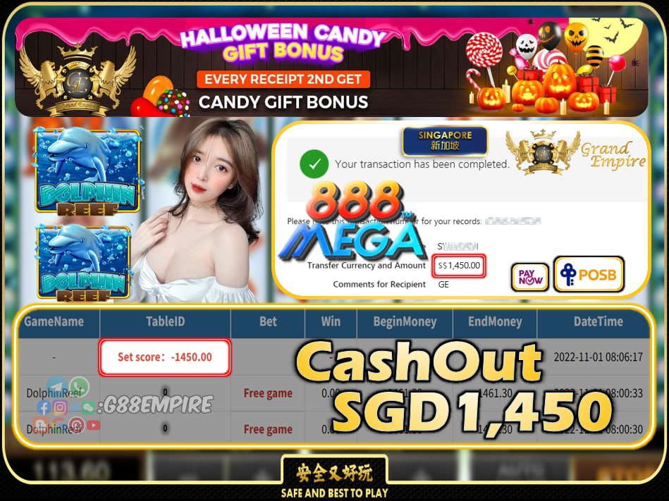 MEGA888 ~ DOLPHINREEF CASHOUT SGD1450 !!!