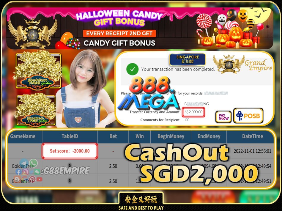 MEGA888 ~ GOLDENTREE CASHOUT SGD2000 !!!