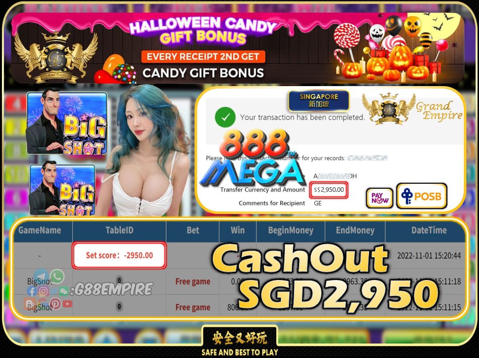 MEGA888 ~ BIGSHOT CASHOUT SGD2950 !!!