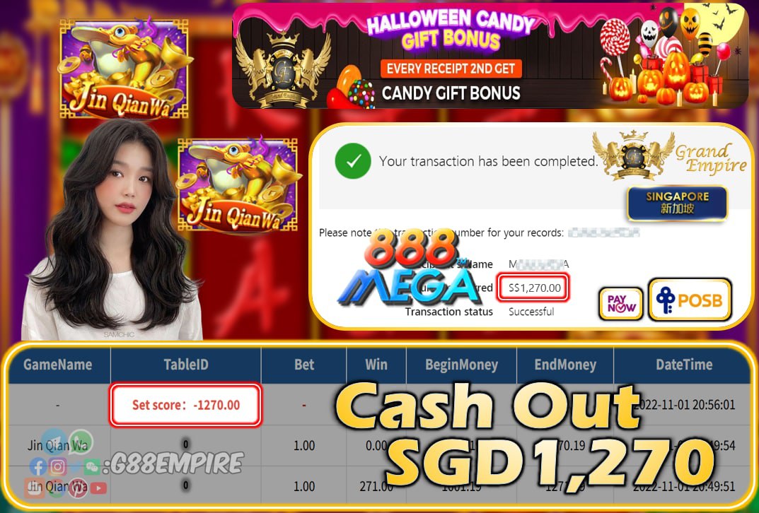 MEGA888 ~ JIN QIAN WA CASHOUT SGD1270!!!