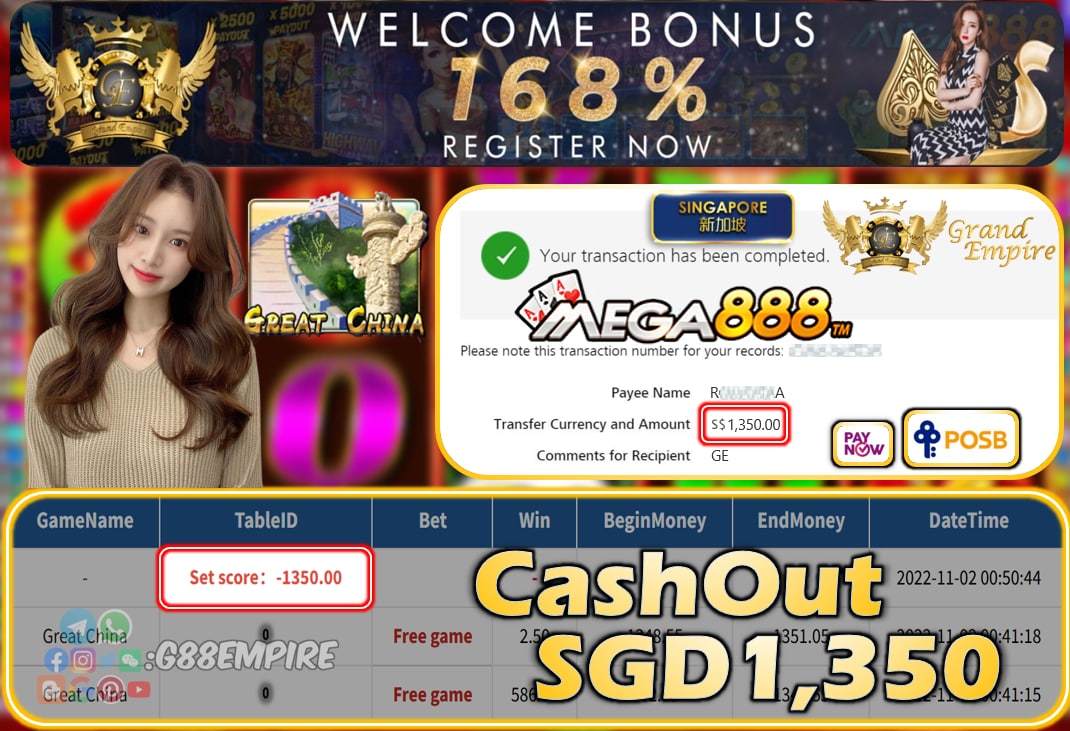 MEGA888 ~ GREAT CHINA CASHOUT SGD1350!!!