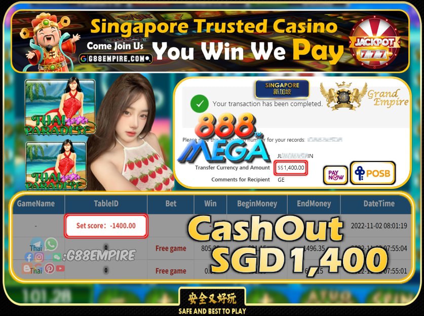 MEGA888 ~ THAI CASHOUT SGD1400 !!!