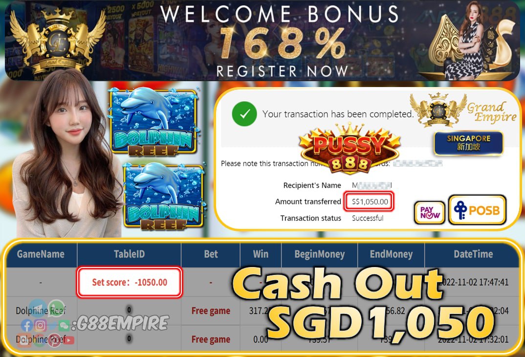 PUSSY888 ~ DOLPHIN REEF CASHOUT SGD1050!!!