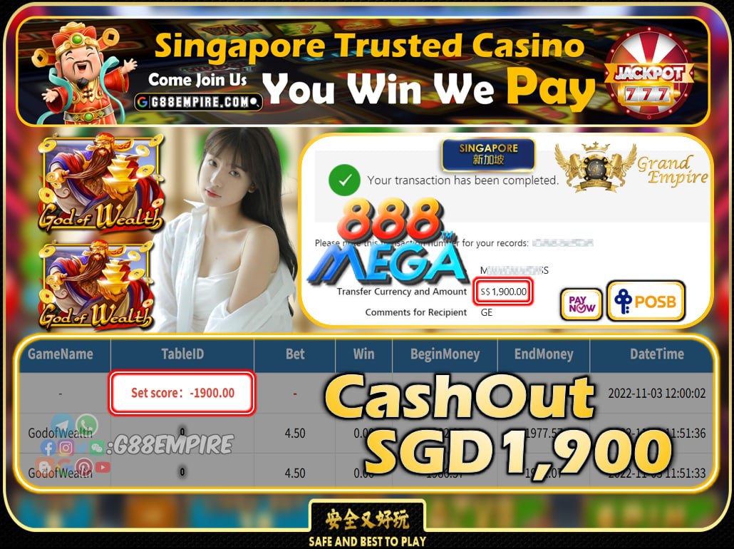 MEGA888 ~ GODOFWEALTH CASHOUT SGD1900 !!!