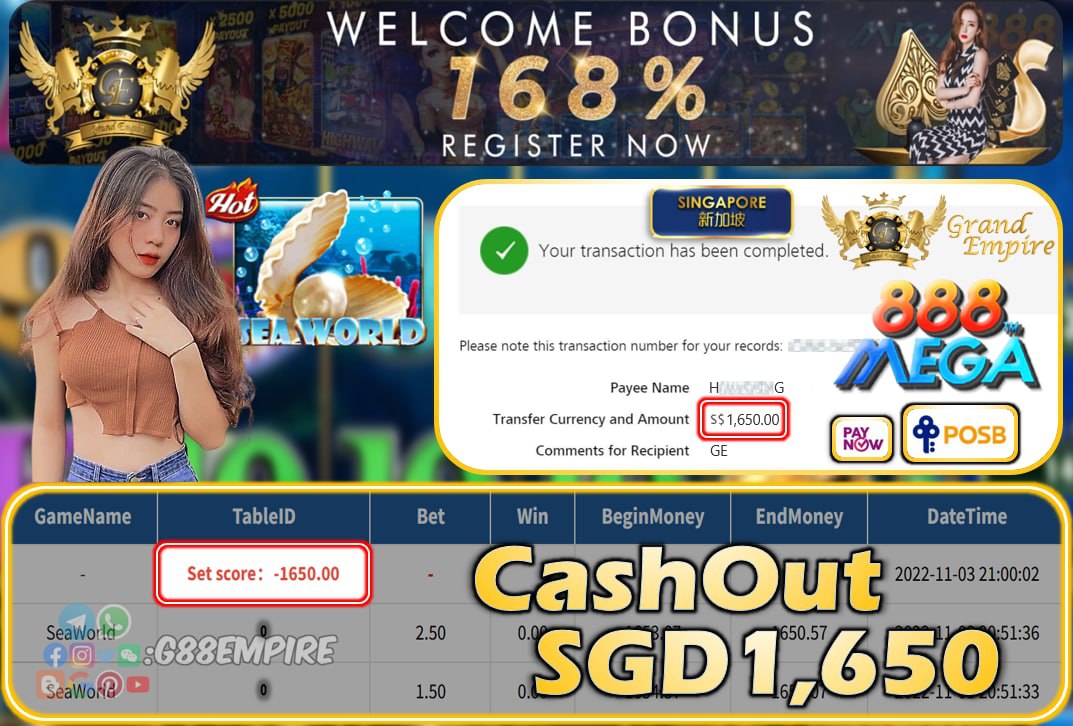 MEGA888 ~ SEAWORLD CASHOUT SGD1650!!!