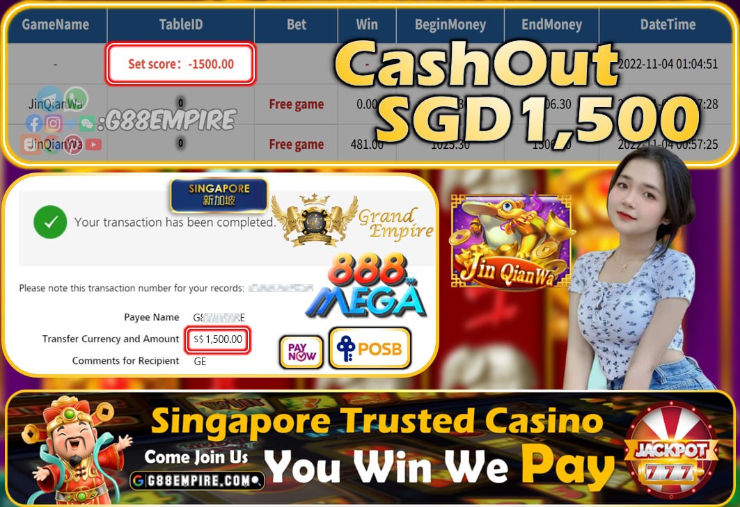 MEGA888 ~ JINQIANWA CASHOUT SGD1500!!