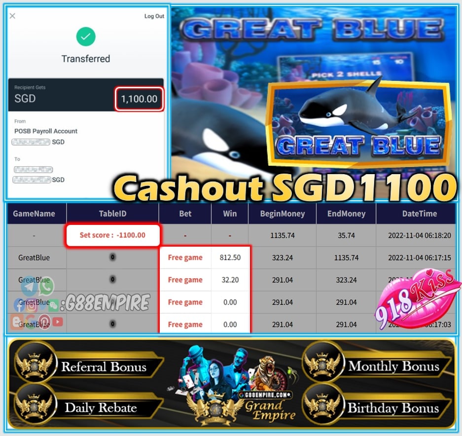 918KISS ~ GREATBLUE CASHOUT SGD1100!!