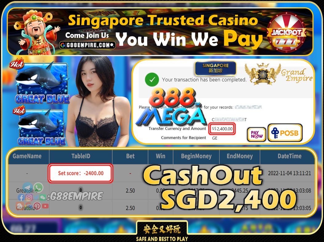 MEGA888 ~ GREATBLUE CASHOUT SGD2400 !!!