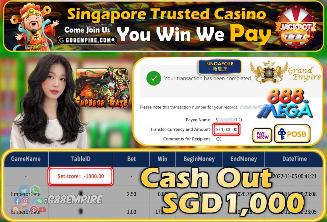 MEGA888 ~ EMPERORGATE CASHOUT SGD1000!!!