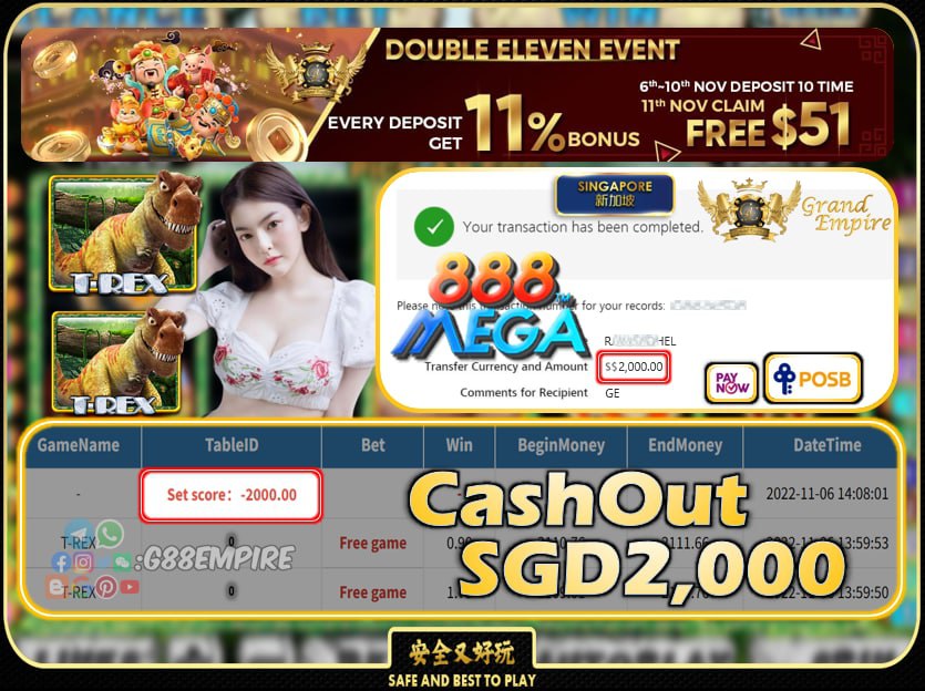 MEGA888 ~ T-REX CASHOUT SGD2000 !!!