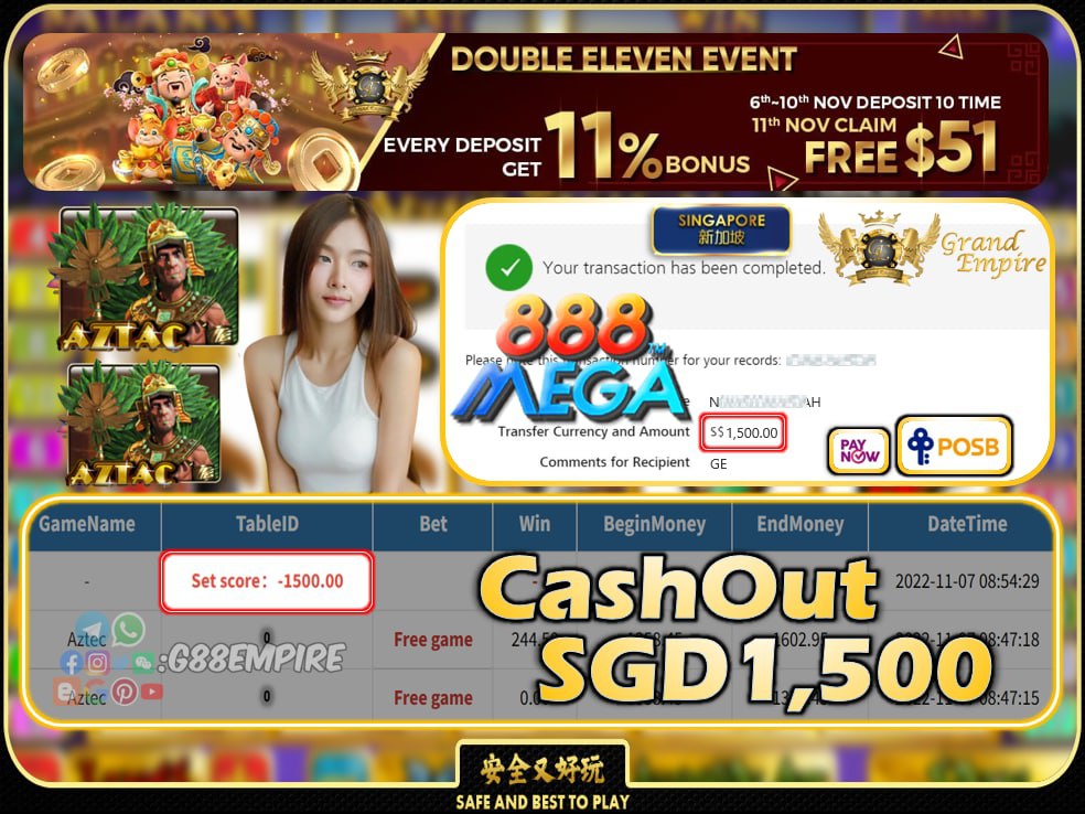 MEGA888 ~ AZTAC CASHOUT SGD1500 !!!