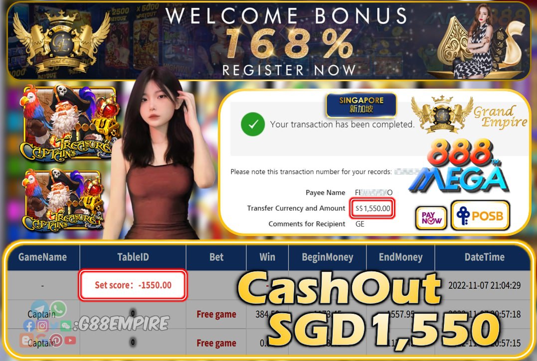 MEGA888 ~ CAPTAIN CASHOUT SGD1550!!!