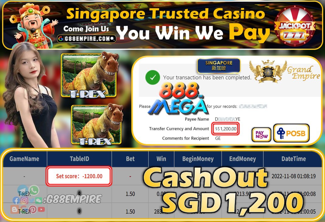 MEGA888 ~ T-REX CASHOUT SGD1200!!!