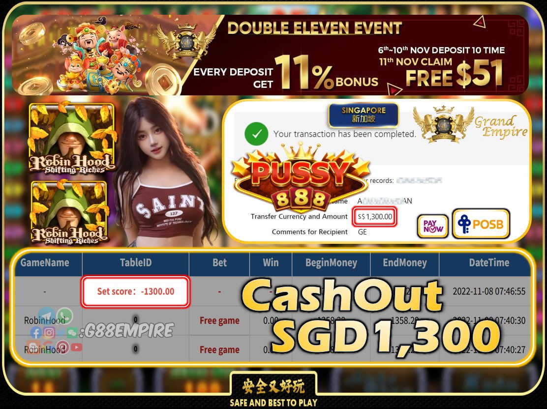 PUSSY888 ~ ROBINHOOD CASHOUT SGD1300 !!!