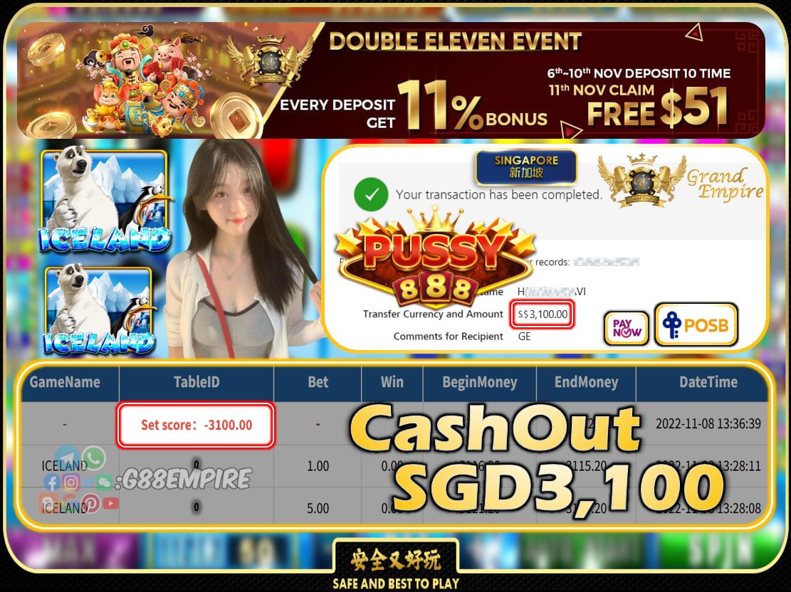 PUSSY888 ~ ICELAND CASHOUT SGD3100 !!!