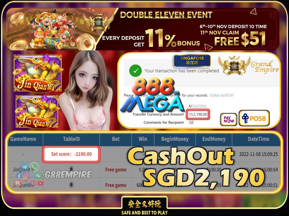 MEGA888 ~ JINQIANWA CASHOUT SGD2190 !!!