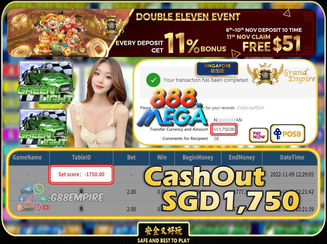 MEGA888 ~ GREEN CASHOUT SGD1750 !!!