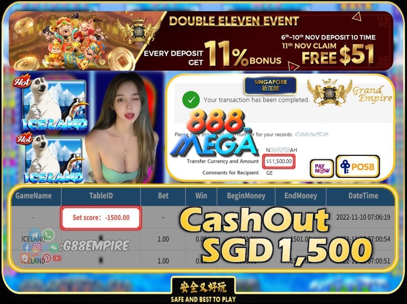 MEGA888 ~ ICELAND CASHOUT SGD1500 !!!