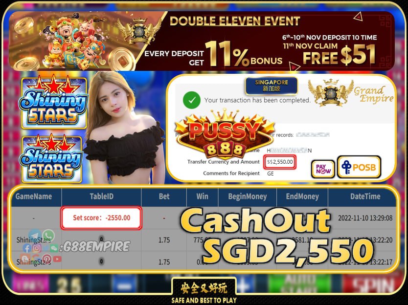 PUSSY888 ~ SHININGSTAR CASHOUT SGD2550 !!!