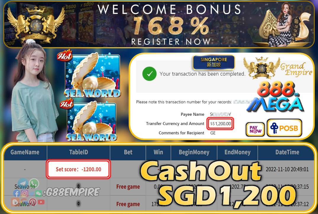 MEGA888 ~ SEAWORLD CASHOUT SGD1200!!!