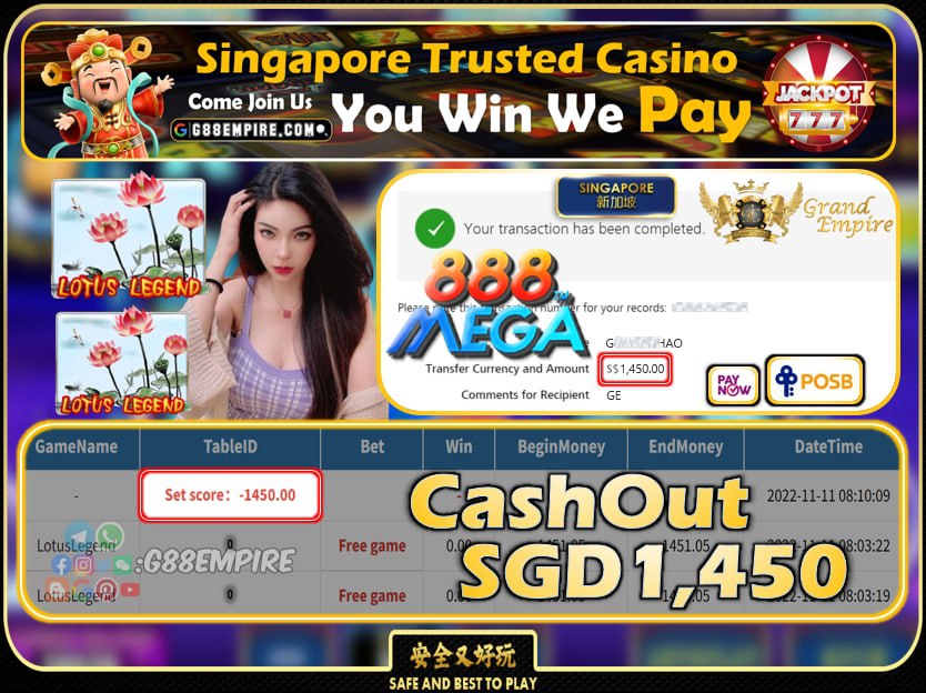 MEGA888 ~ LOTUSLEGEND CASHOUT SGD1450 !!!