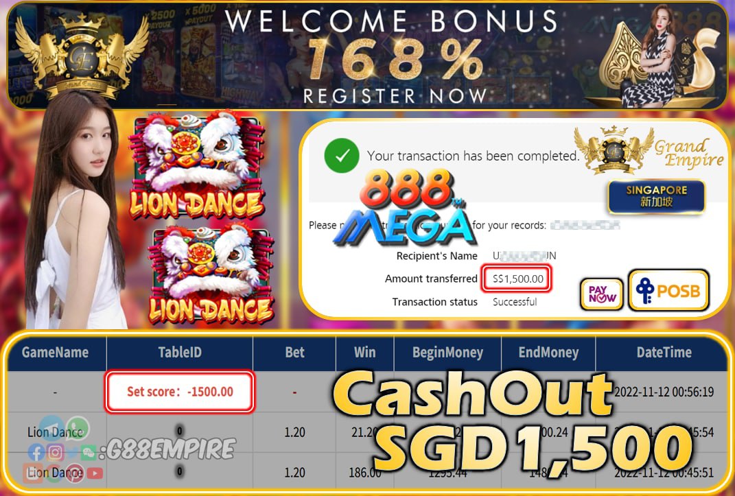 MEGA888 ~ LION DANCE CASHOUT SGD1500!!!