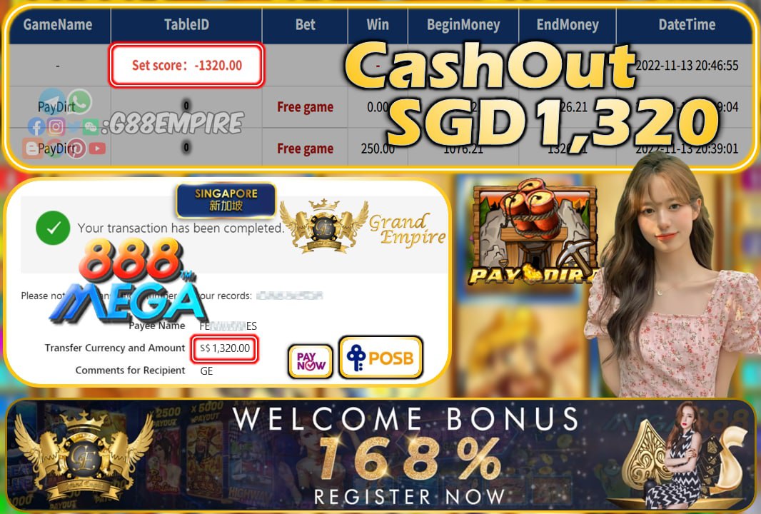 MEGA888 ~ PAYDIRT CASHOUT SGD1320!!!