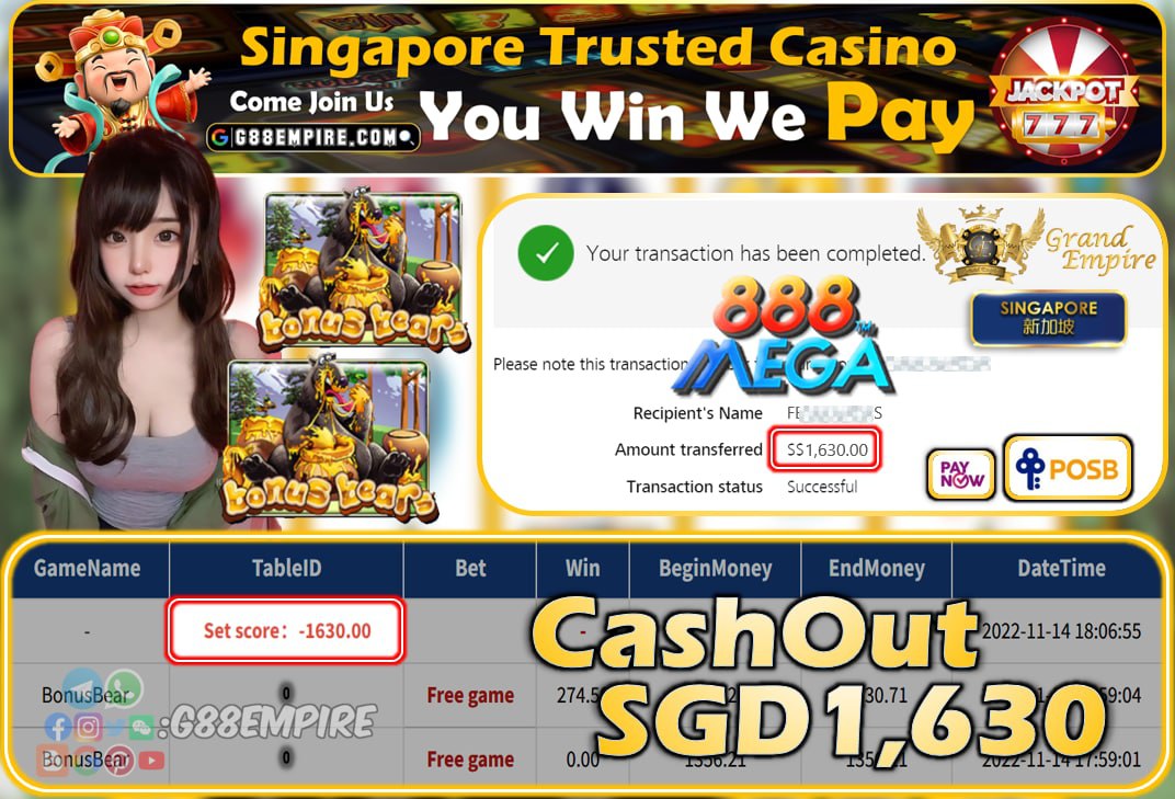 MEGA888 ~ BONUSBEARS CASHOUT SGD1630!!!