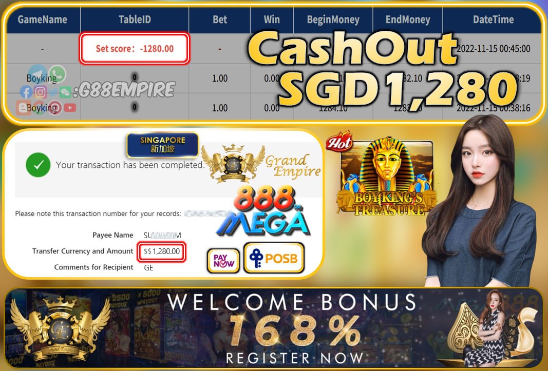 MEGA888 ~ BOYKING CASHOUT SGD1280!!!