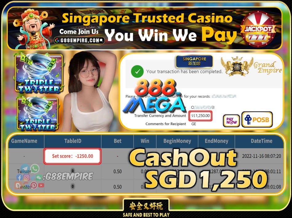 MEGA888 ~ TWISTER CASHOUT SGD1250 !!!