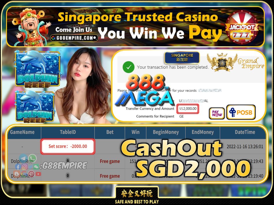 MEGA888 ~ DOLPHINREEF CASHOUT SGD2000 !!!