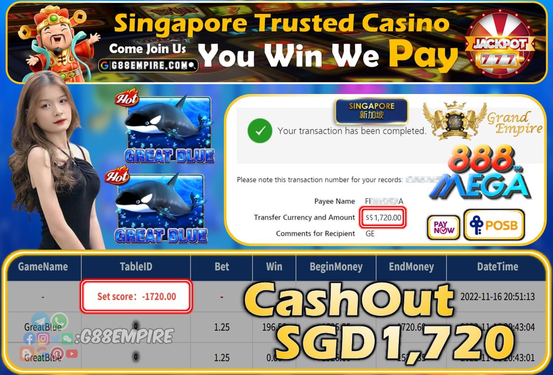 MEGA888 ~ GREATBLUE CASHOUT SGD1720!!!