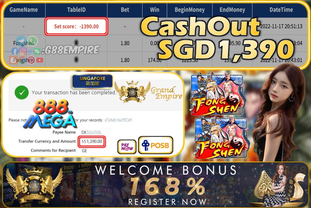 MEGA888 ~ FONGSHEN CASHOUT SGD1390!!!