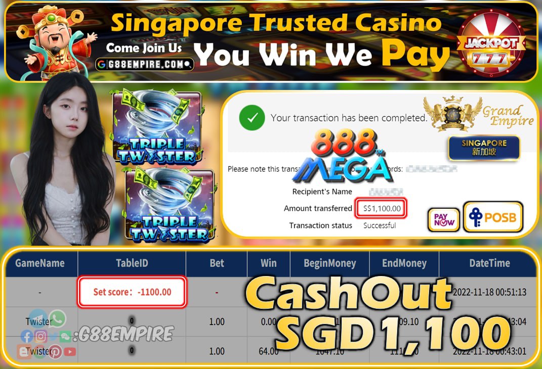 MEGA888 ~ TWISTER CASHOUT SGD1100!!!