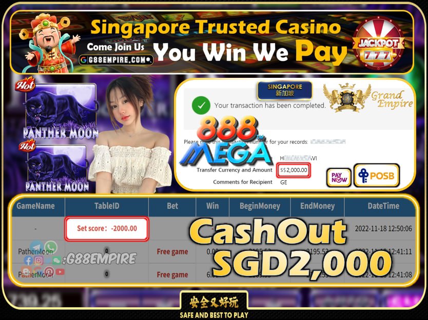 MEGA888 ~ PANTHERMOON CASHOUT SGD2000 !!!