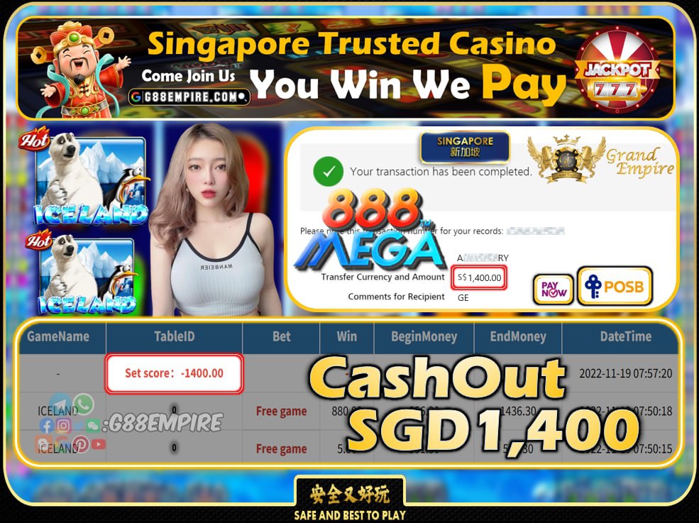 MEGA888 ~ ICELAND CASHOUT SGD1400 !!!