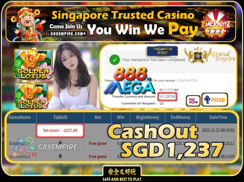 MEGA888 ~ GOLDENLOTUS CASHOUT SGD1237 !!!