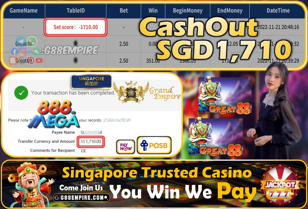 MEGA888 ~ GREAT88 CASHOUT SGD1710!!!