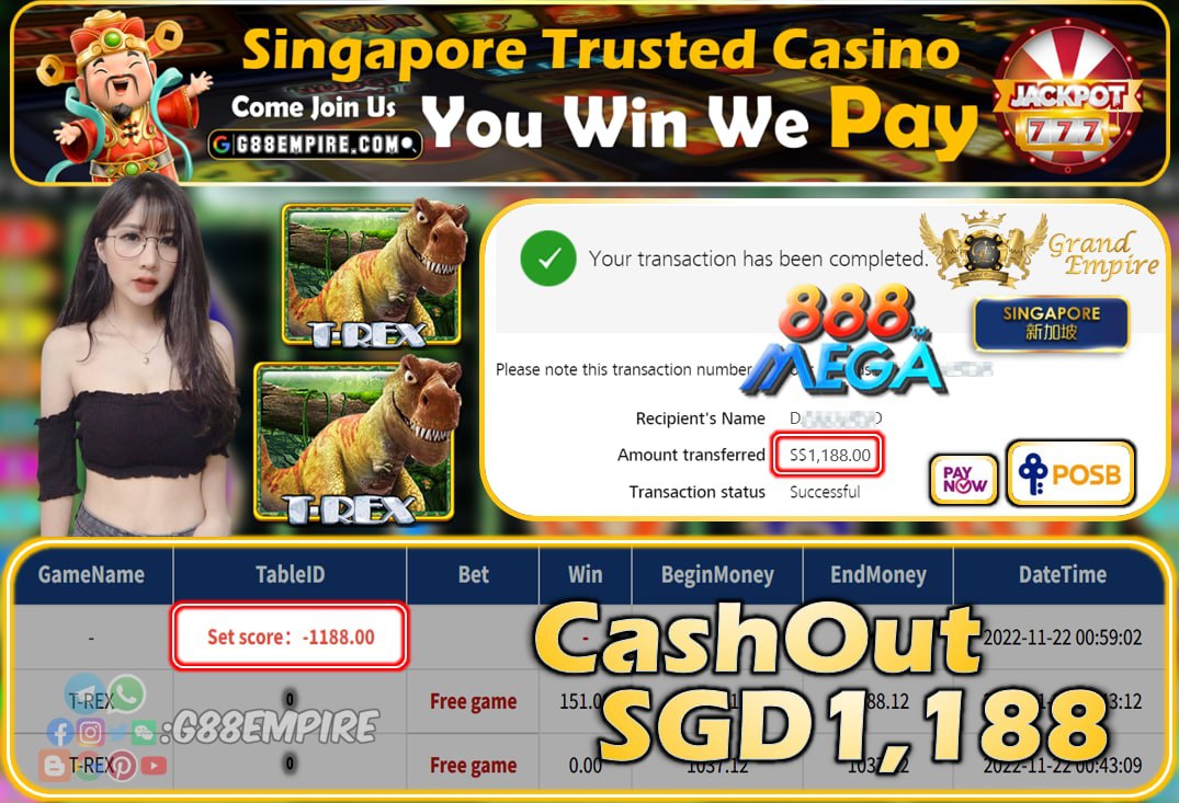 MEGA888 ~ T-REX CASHOUT SGD1188!!!