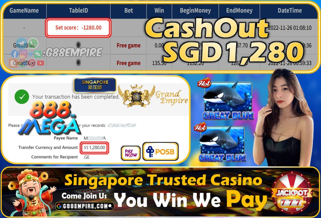 MEGA888 ~ GREATBLUE CASHOUT SGD1280!!!