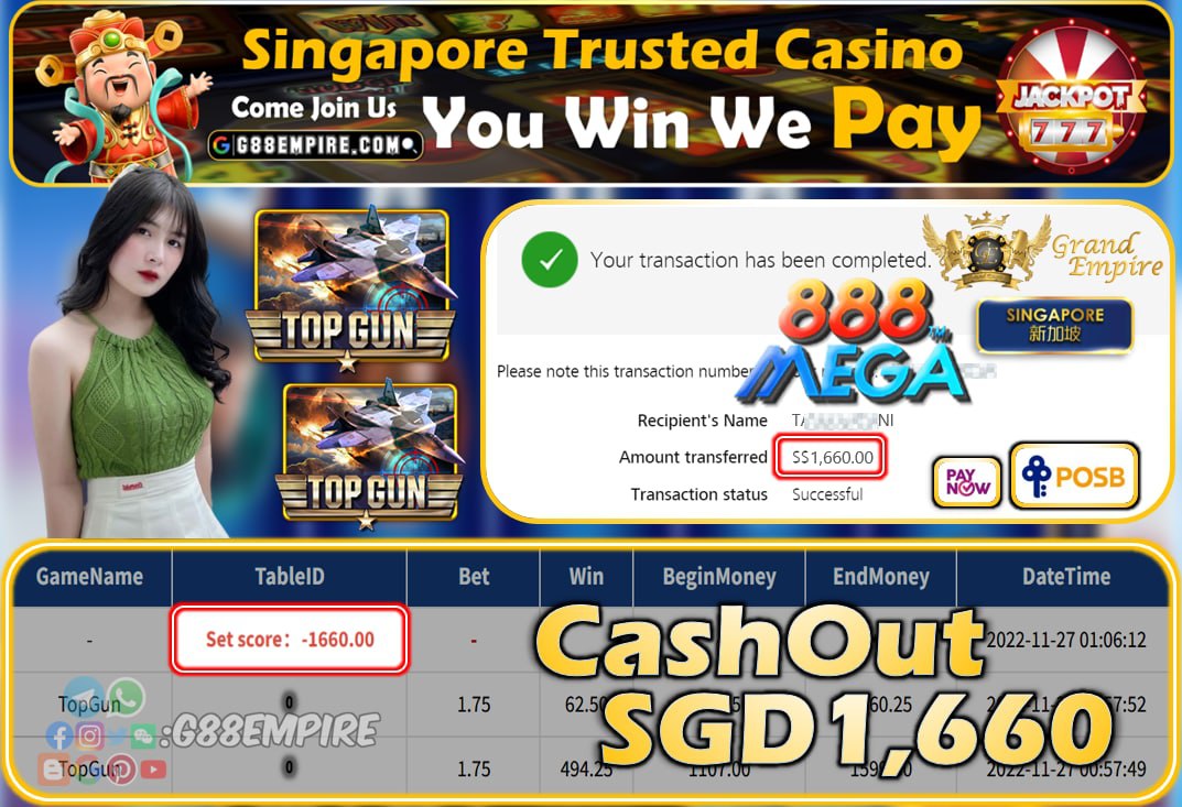 MEGA888 ~ TOPGUN CASHOUT SGD1660!!!