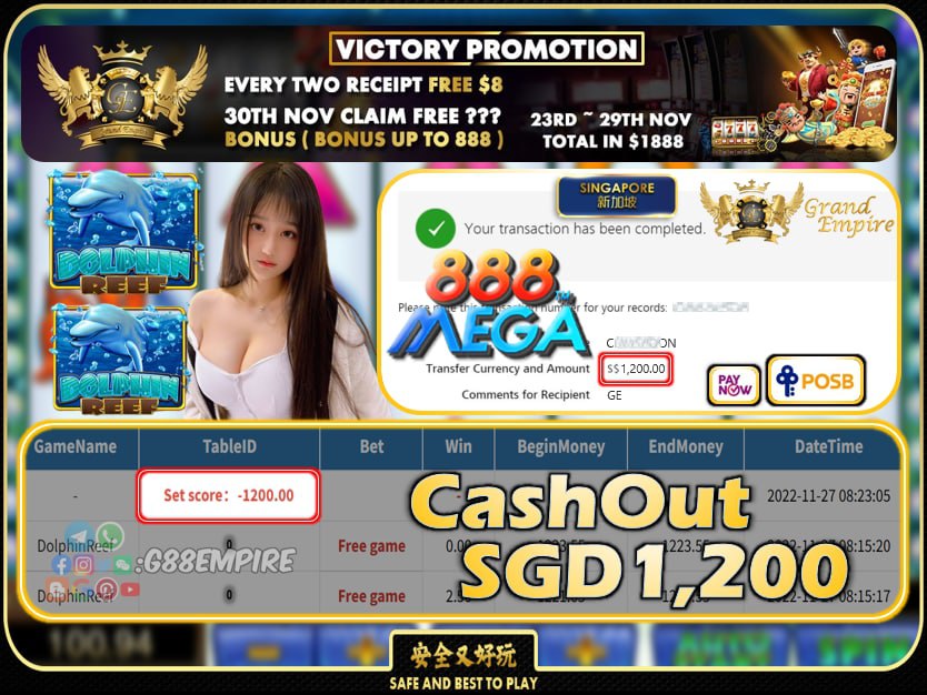 MEGA888 ~ DOLPHINREEF CASHOUT SGD1200 !!!