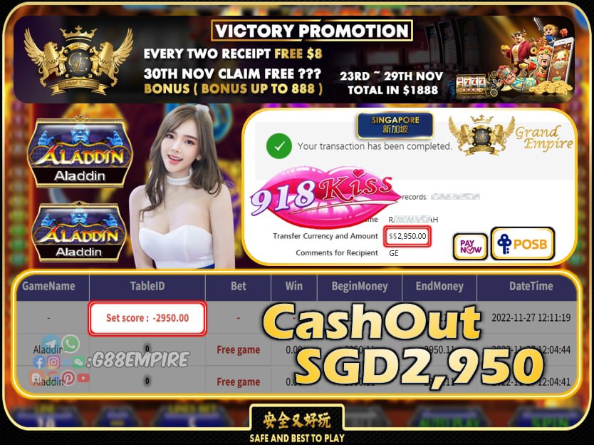 918KISS ~ ALADDIN CASHOUT SGD2950 !!!