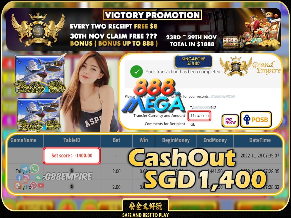 MEGA888 ~ TALLY HO CASHOUT SGD1400 !!!