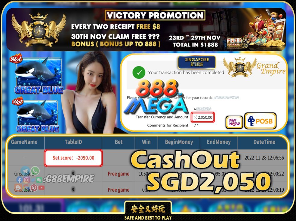 MEGA888 ~ GREATBLUE CASHOUT SGD2050 !!!