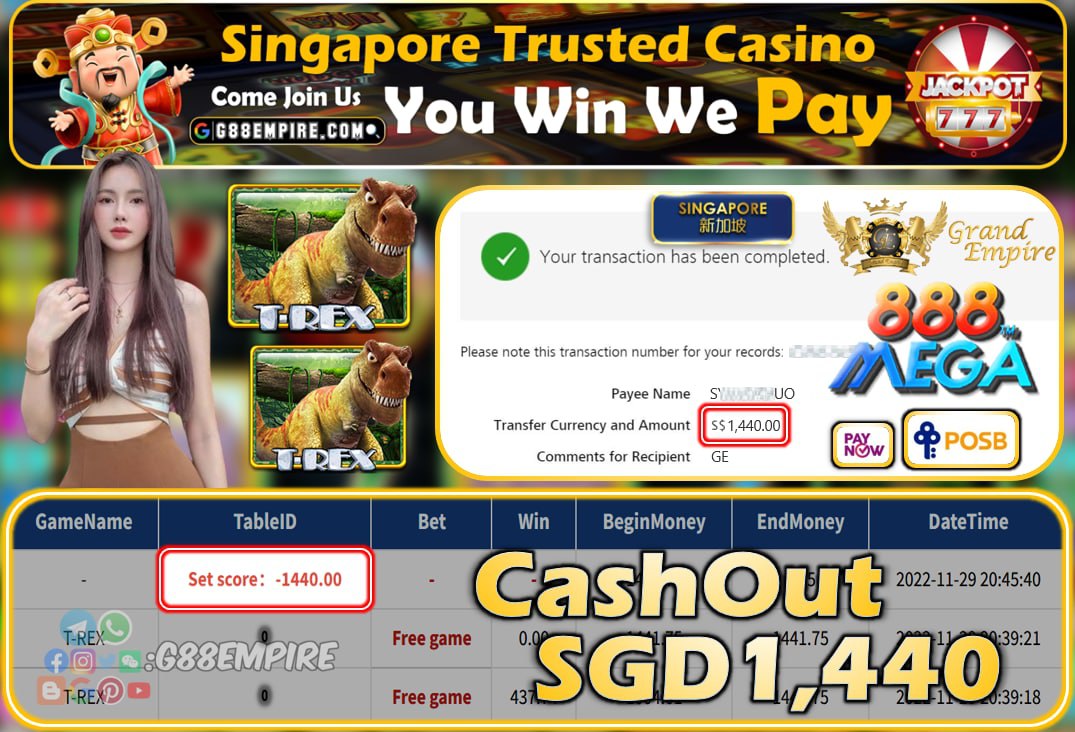 MEGA888 ~ T-REX CASHOUT SGD1440!!!